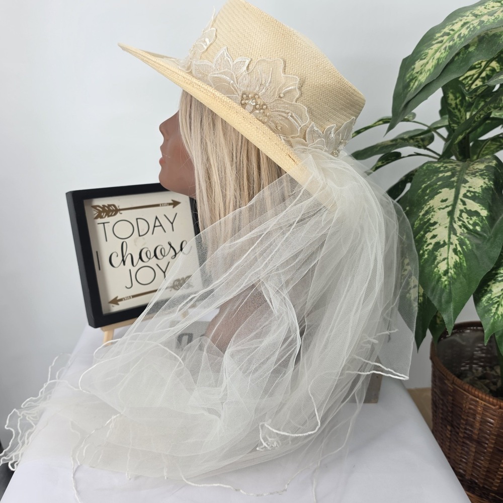 Lilia Smith Vintage 80s Bridal Cowboy Hat Veil Wedding Country Western Rare HTF